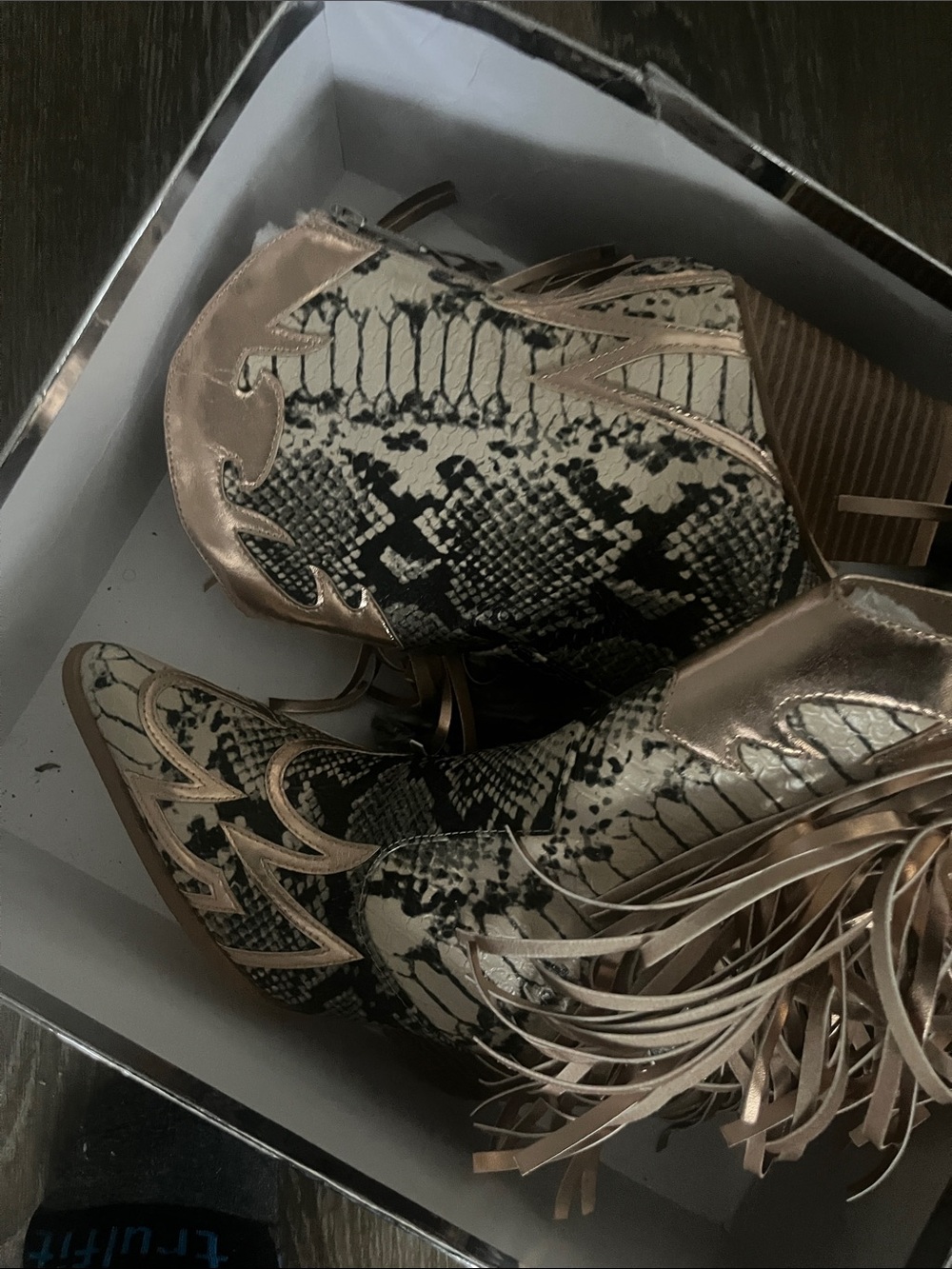 AKIRA Metallic Cream & Black Snake-Print Fringe Ankle Booties